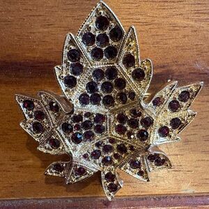 Vintage D'Orlan Maple Leaf Brooch Dark Red Rhinestones